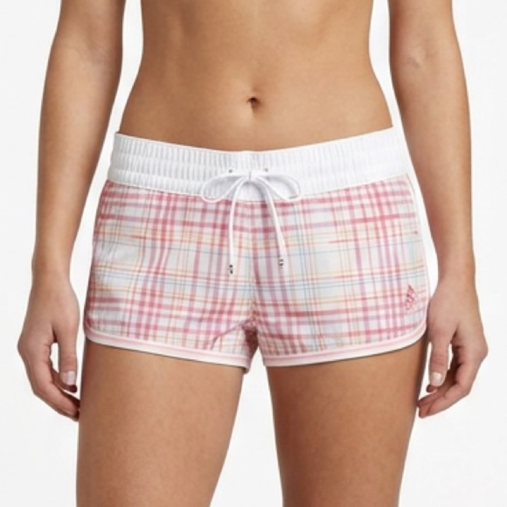 NWOT Adidas Pink & White Plaid Drawstring Pull On Athletic Running Short Shorts